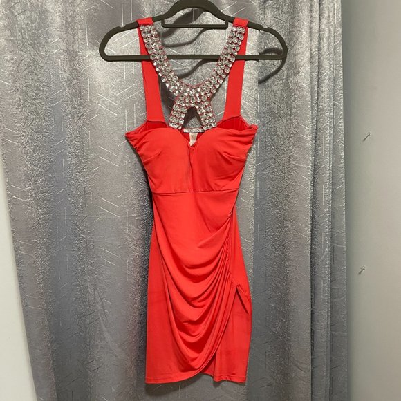 CRISTINA Tangerine Bright Orange Bodycon Wrap Mini Dress w Rhinestones - Sz M - Picture 4 of 9